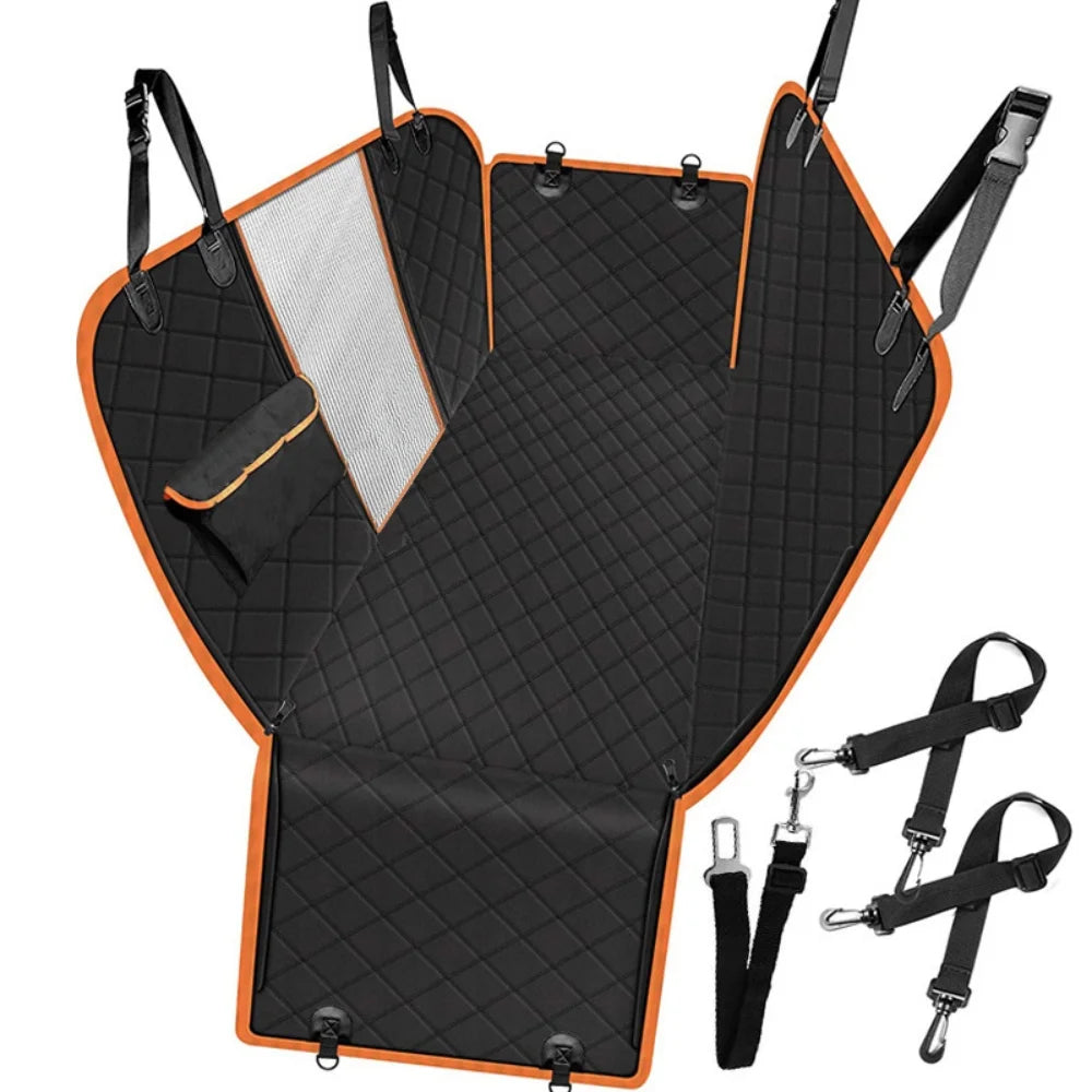 Dog Car Seat Cover, Waterproof Nonslip Pet Seat Cover for Back Seat with Storage Pockets Mesh Visual Window, Black Heavy Duty Scratchproof Pet Dog Seat Cover Hammock for Cars Trucks